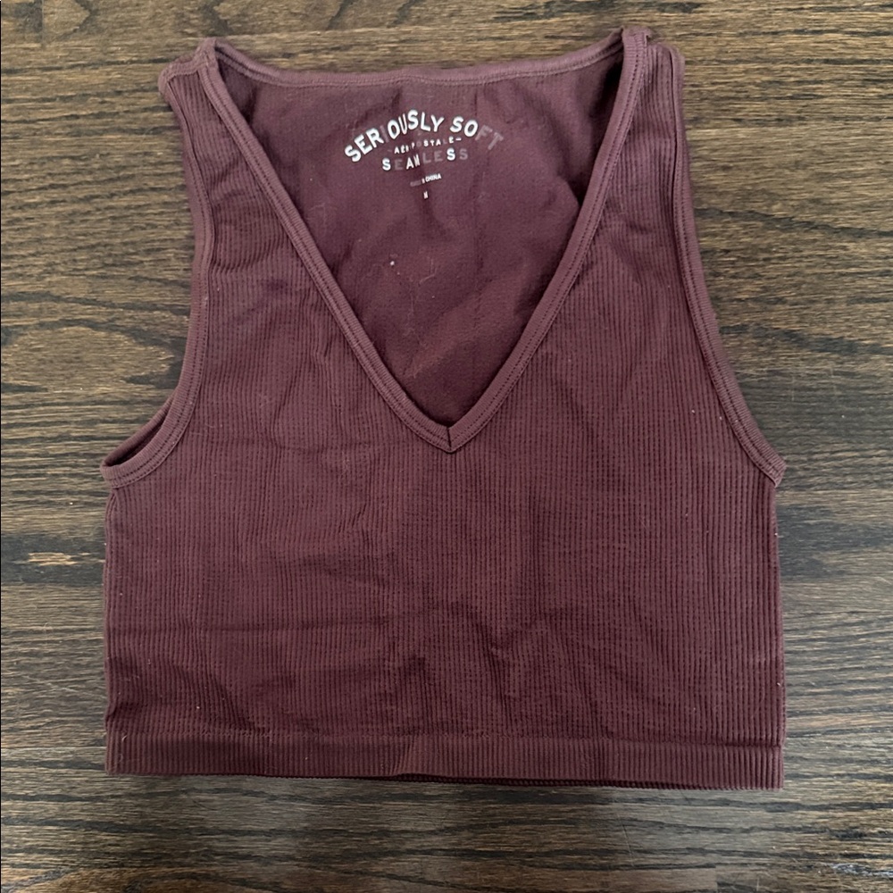 Aeropostale Maroon Ribbed V-Neck Crop Top